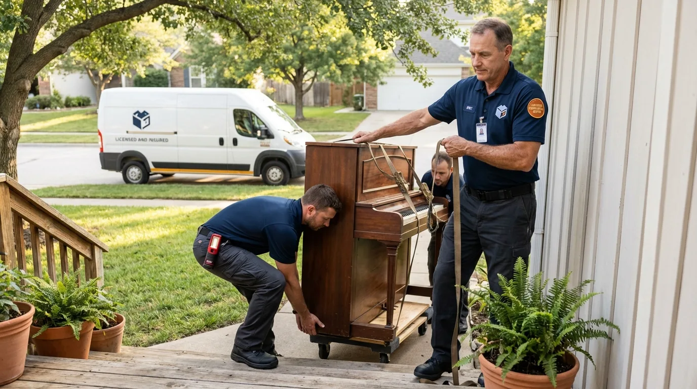 Licensed piano movers securing grand piano in Williamsville, IL