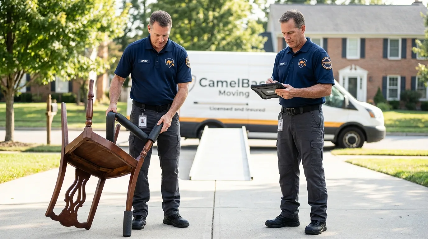 Movers inspecting furniture for damage prevention before loading in Williamsville, IL