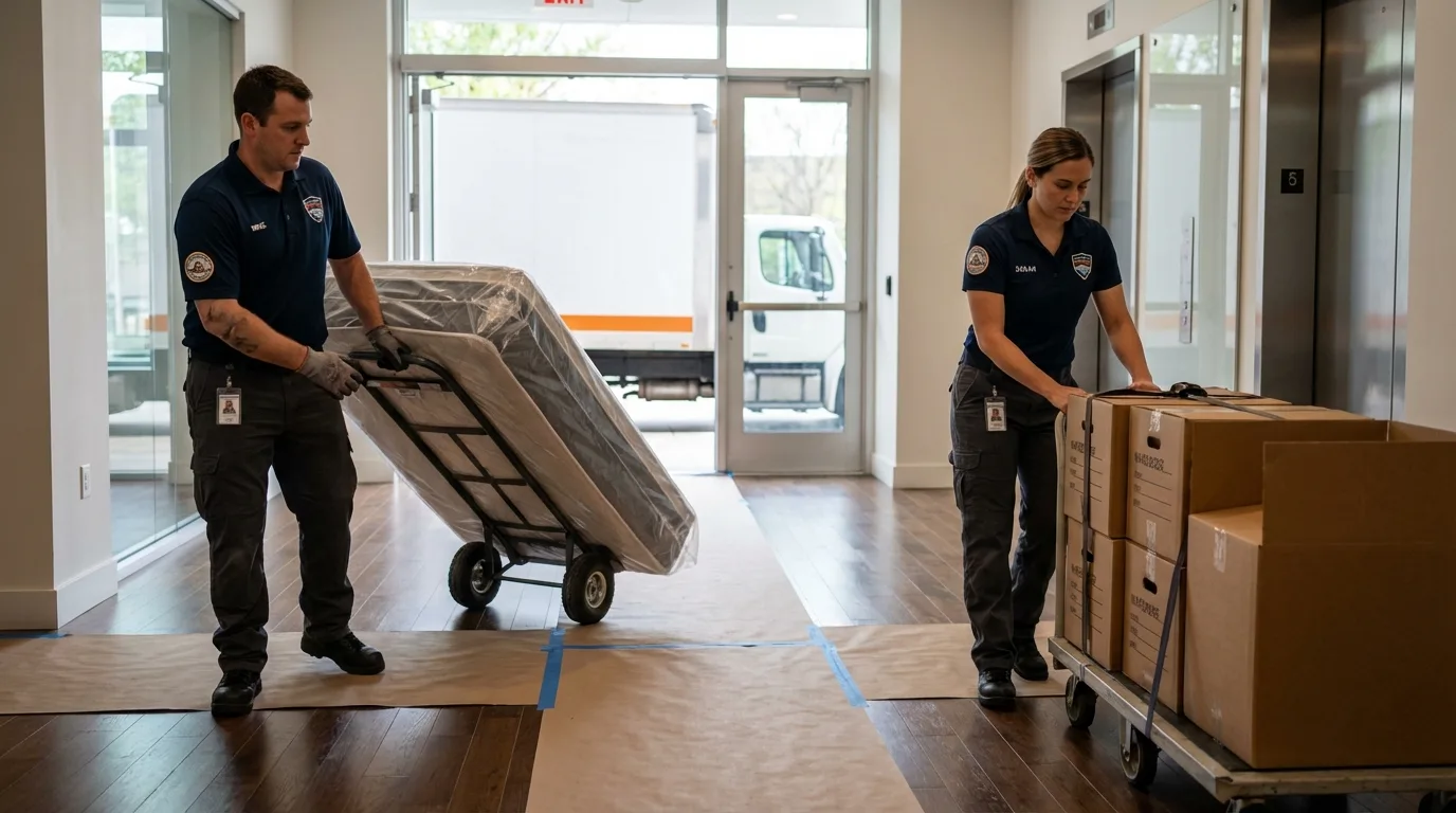 Professional apartment movers loading elevator in Williamsville, IL