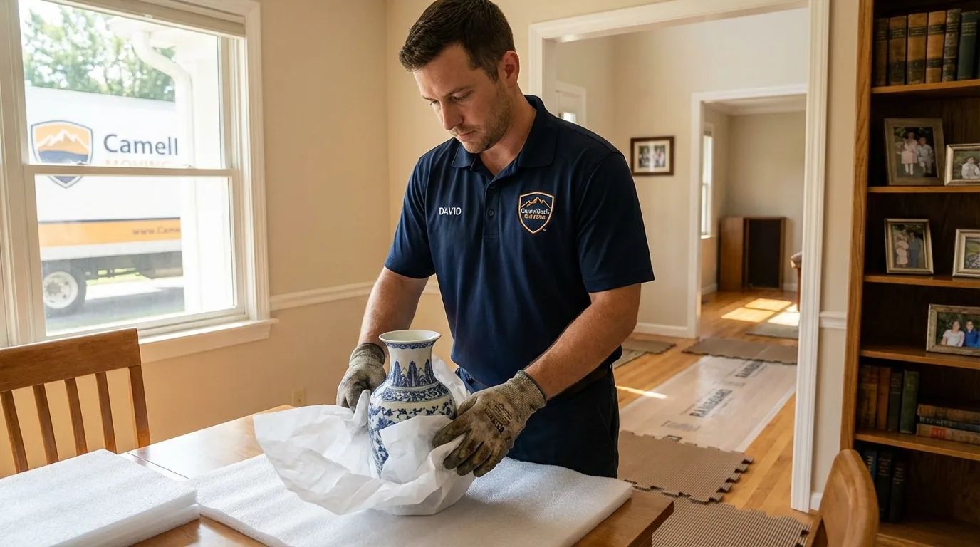 Professional crew carefully wrapping antique vase for senior downsizing move in Williamsville, IL