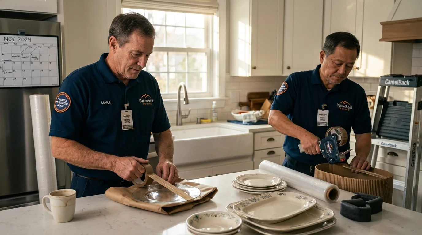 Professional crew packing kitchen dishware in Williamsville, IL